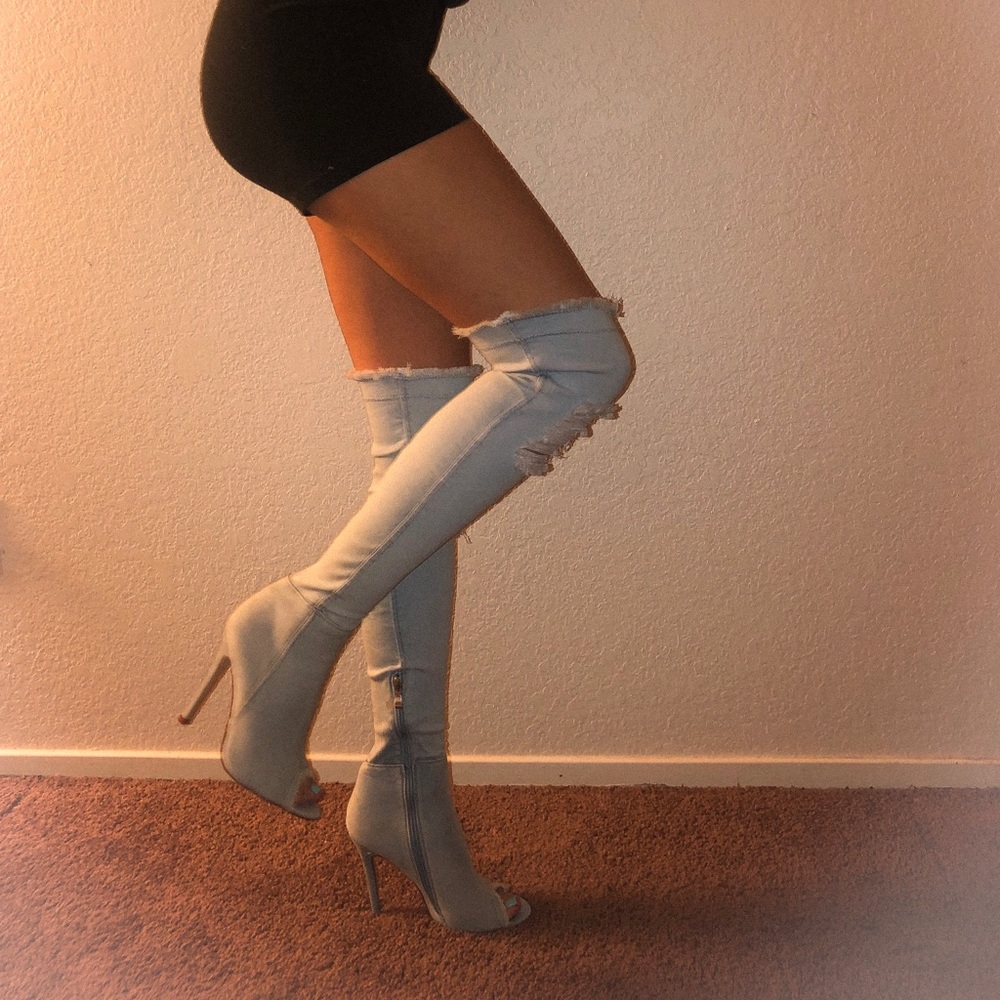 Denim thigh high boots 👢